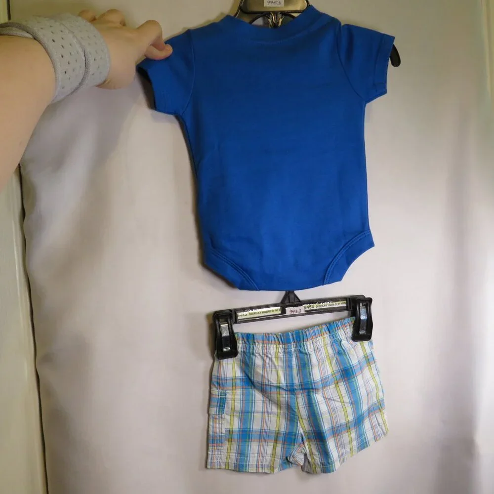 Baby Airplane bodysuit & plaid shorts 2pc Newborn 100% cotton embroidered